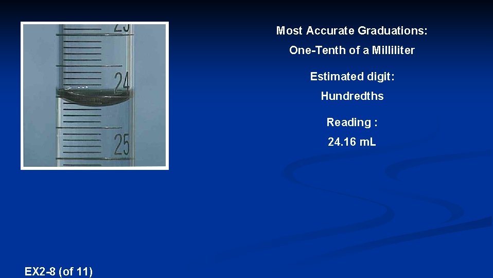 Most Accurate Graduations: One-Tenth of a Milliliter Estimated digit: Hundredths Reading : 24. 16
