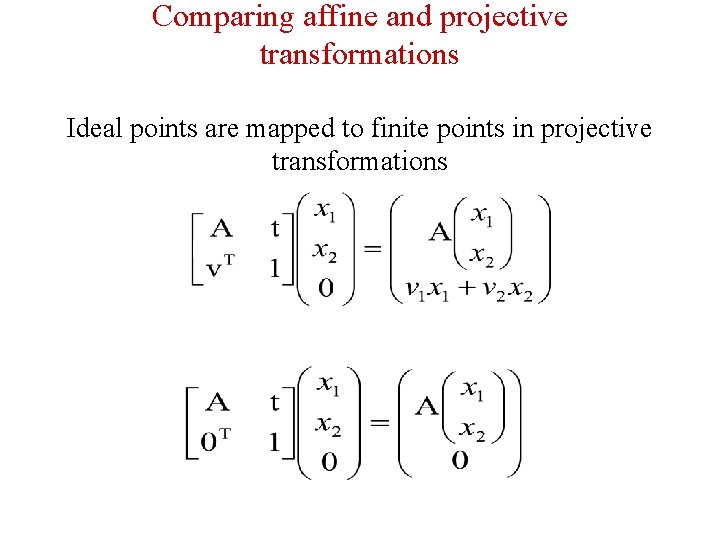 Comparing affine and projective transformations Ideal points are mapped to finite points in projective Comparing affine and projective transformations Ideal points are mapped to finite points in projective
