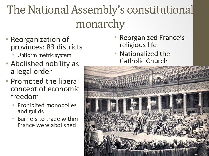 The National Assembly’s constitutional monarchy • Reorganization of provinces: 83 districts • Uniform metric