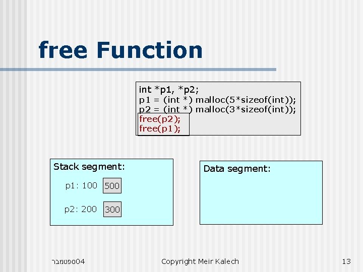 free Function int *p 1, *p 2; p 1 = (int *) malloc(5*sizeof(int)); p