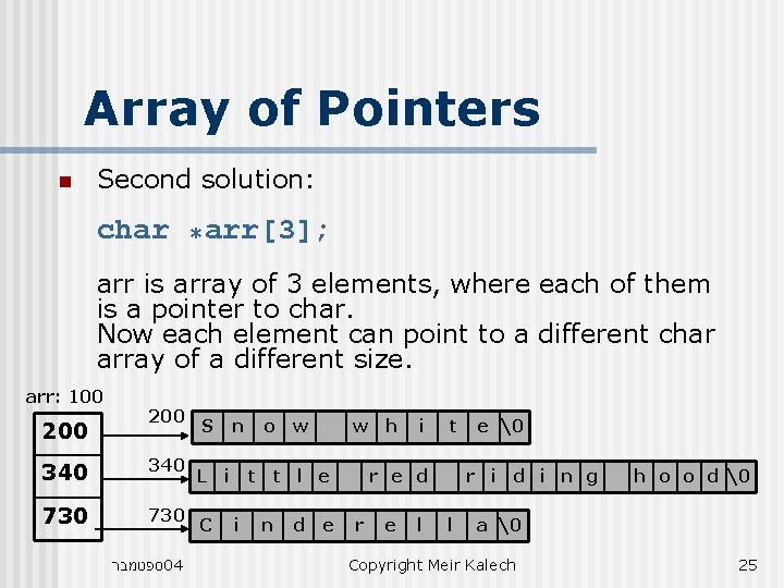 Array of Pointers n Second solution: char *arr[3]; arr is array of 3 elements,