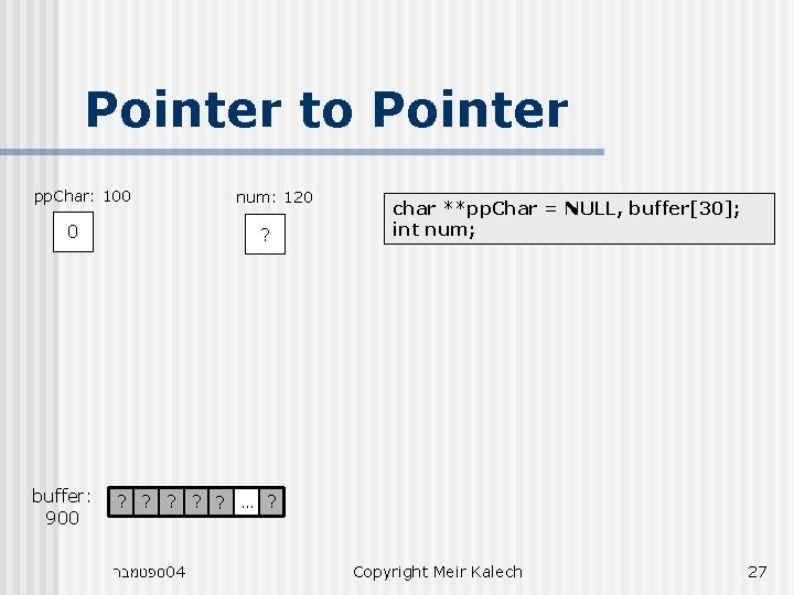 Pointer to Pointer pp. Char: 100 0 buffer: 900 num: 120 ? char **pp.
