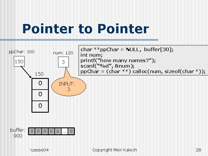 Pointer to Pointer pp. Char: 100 num: 120 150 3 150 0 0 char