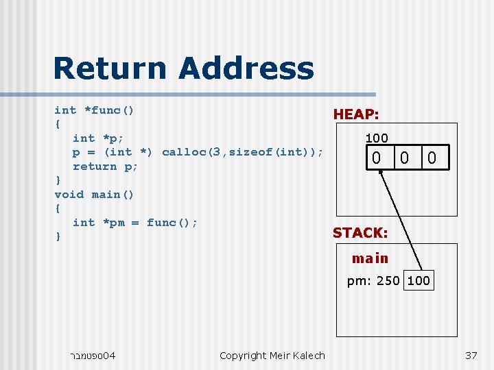 Return Address int *func() HEAP: { int *p; 100 p = (int *) calloc(3,