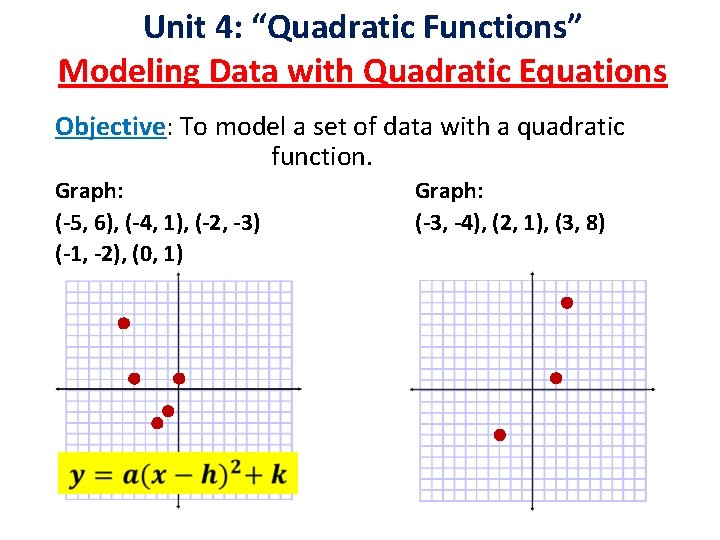 Unit 4: “Quadratic Functions” Modeling Data with Quadratic Equations Objective: To model a set