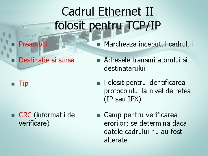 Cadrul Ethernet II folosit pentru TCP/IP n Preambul n Marcheaza inceputul cadrului n Destinatie Cadrul Ethernet II folosit pentru TCP/IP n Preambul n Marcheaza inceputul cadrului n Destinatie