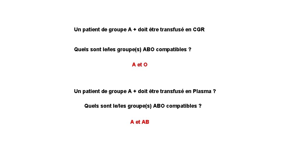 Un patient de groupe A + doit être transfusé en CGR Quels sont le/les
