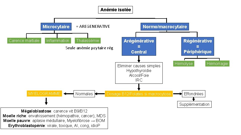 Anémie isolée Microcytaire Carence martiale Inflammation = AREGENERATIVE Thalassémie Seule anémie µcytaire rég Normo/macrocytaire
