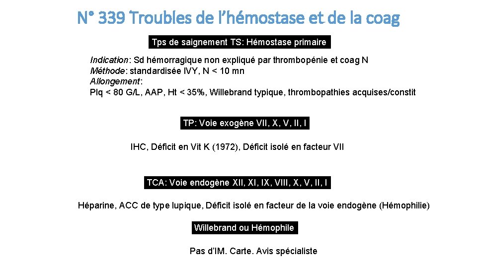 N° 339 Troubles de l’hémostase et de la coag Tps de saignement TS: Hémostase
