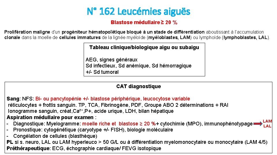 N° 162 Leucémies aiguës Blastose médullaire ≥ 20 % Prolifération maligne d’un progéniteur hématopoïétique
