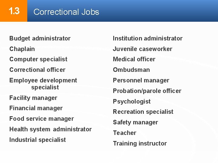 1. 3 Correctional Jobs Budget administrator Institution administrator Chaplain Juvenile caseworker Computer specialist Medical 1. 3 Correctional Jobs Budget administrator Institution administrator Chaplain Juvenile caseworker Computer specialist Medical