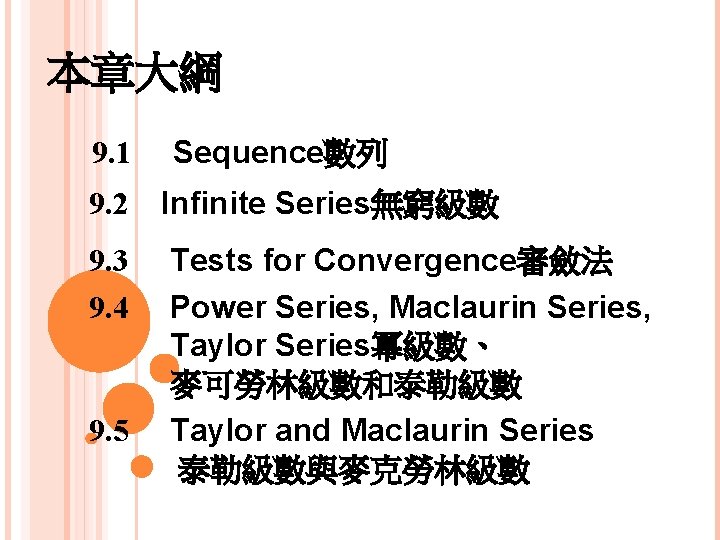 本章大綱 9. 1 Sequence數列 9. 2 Infinite Series無窮級數 9. 3 9. 4 9. 5