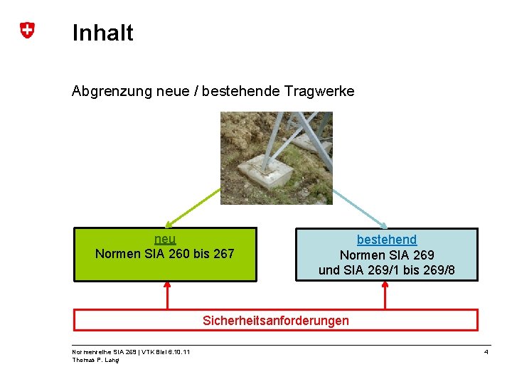 Inhalt Abgrenzung neue / bestehende Tragwerke neu Normen SIA 260 bis 267 bestehend Normen