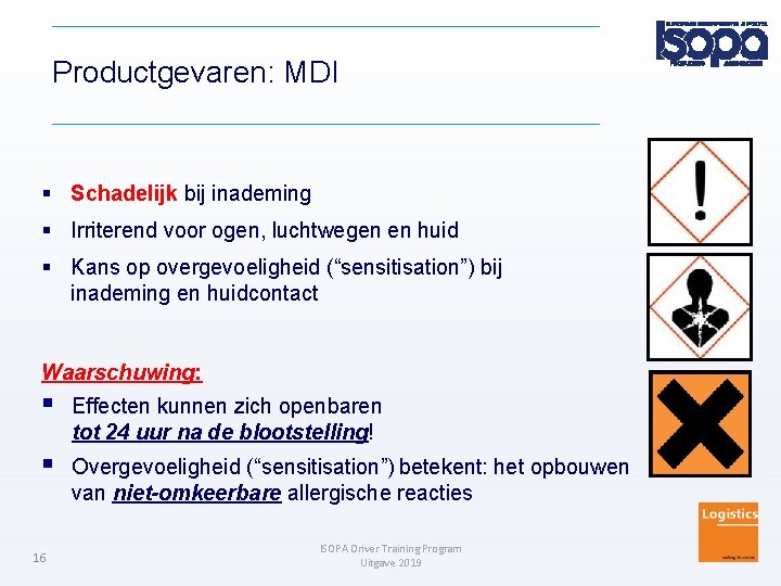 Productgevaren: MDI Schadelijk bij inademing Irriterend voor ogen, luchtwegen en huid Kans op overgevoeligheid