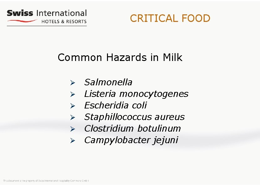 CRITICAL FOOD Common Hazards in Milk Ø Ø Ø Salmonella Listeria monocytogenes Escheridia coli