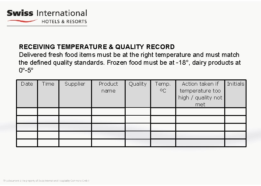 RECEIVING TEMPERATURE & QUALITY RECORD Delivered fresh food items must be at the right