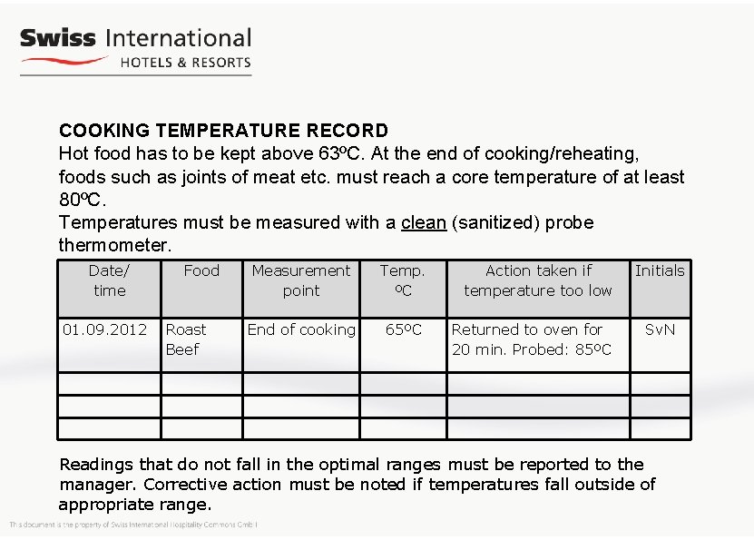 COOKING TEMPERATURE RECORD Hot food has to be kept above 63ºC. At the end