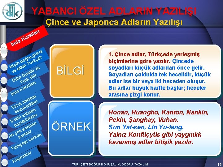 YABANCI ÖZEL ADLARIN YAZILIŞI Çince ve Japonca Adların Yazılışı arı l l ura K