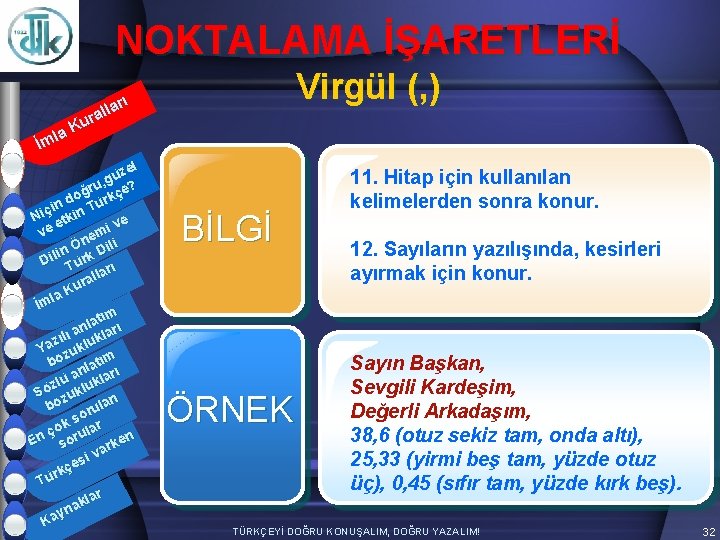 NOKTALAMA İŞARETLERİ Virgül (, ) arı l l ura K la İm zel ü