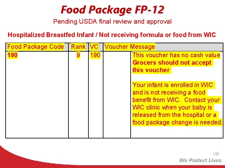 Food Package FP-12 Pending USDA final review and approval Hospitalized Breastfed Infant / Not