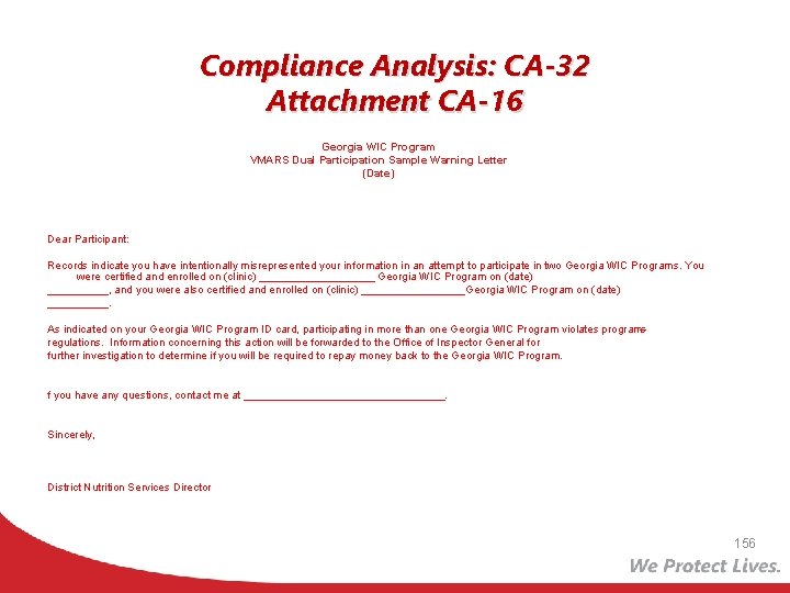 Compliance Analysis: CA-32 Attachment CA-16 Georgia WIC Program VMARS Dual Participation Sample Warning Letter