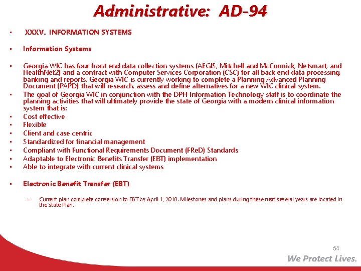 Administrative: AD-94 • • • • • XXXV. INFORMATION SYSTEMS Information Systems Georgia WIC