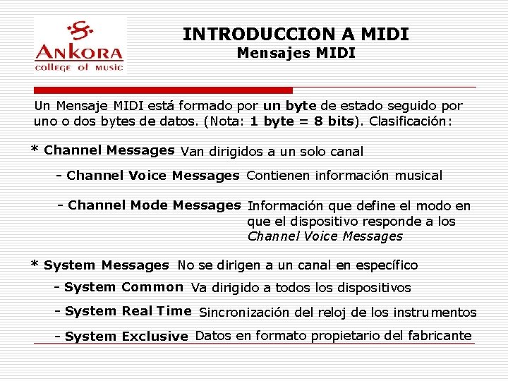 INTRODUCCION A MIDI Mensajes MIDI Un Mensaje MIDI está formado por un byte de