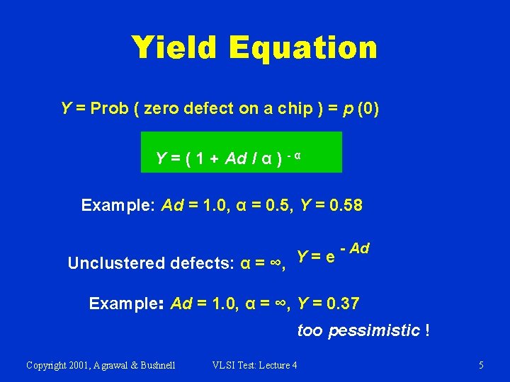 Yield Equation Y = Prob ( zero defect on a chip ) = p