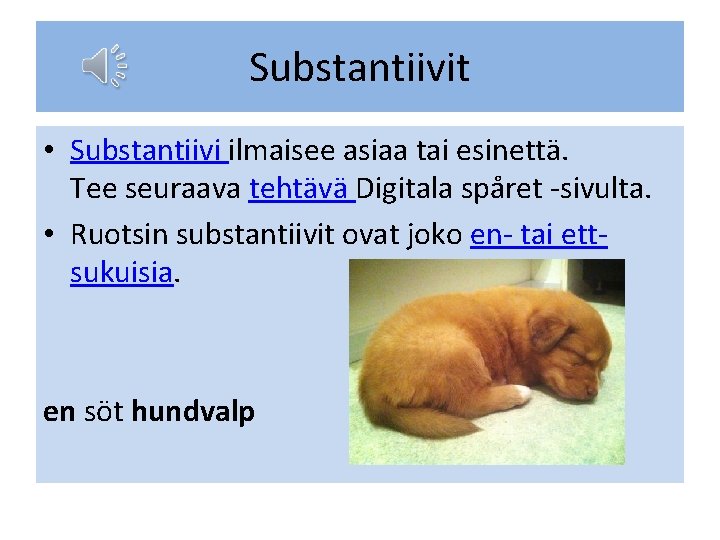 Substantiivit • Substantiivi ilmaisee asiaa tai esinettä. Tee seuraava tehtävä Digitala spåret -sivulta. •