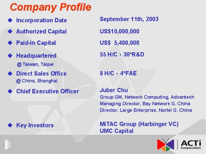 Company Profile u Incorporation Date September 11 th, 2003 u Authorized Capital US$10, 000