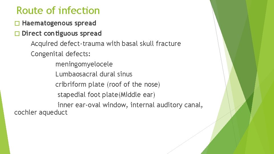 Route of infection Haematogenous spread � Direct contiguous spread Acquired defect-trauma with basal skull