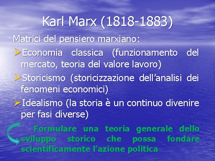 Karl Marx (1818 -1883) Matrici del pensiero marxiano: ØEconomia classica (funzionamento del mercato, teoria