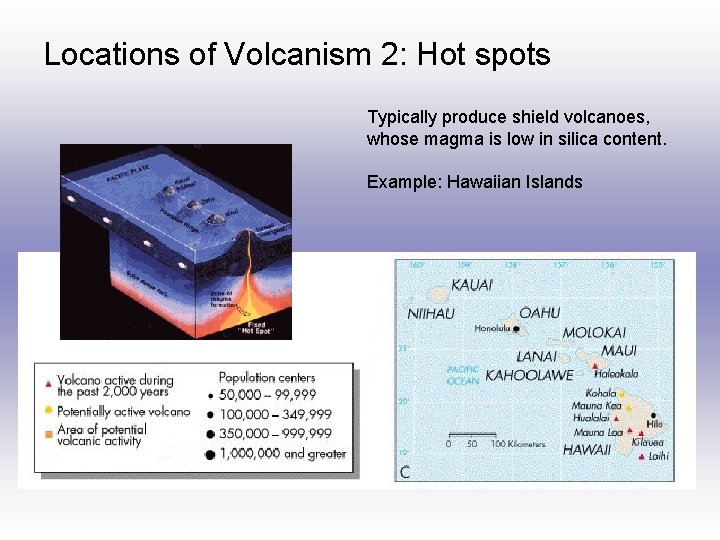 Locations of Volcanism 2: Hot spots Typically produce shield volcanoes, whose magma is low