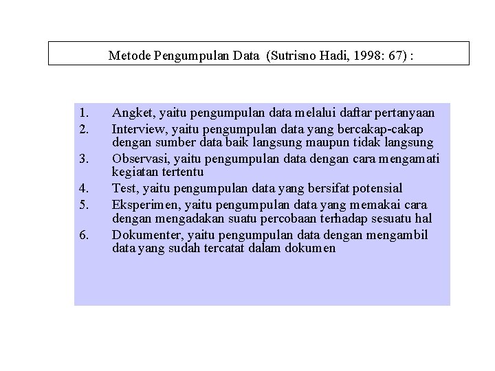 Metode Pengumpulan Data (Sutrisno Hadi, 1998: 67) : 1. 2. 3. 4. 5. 6.