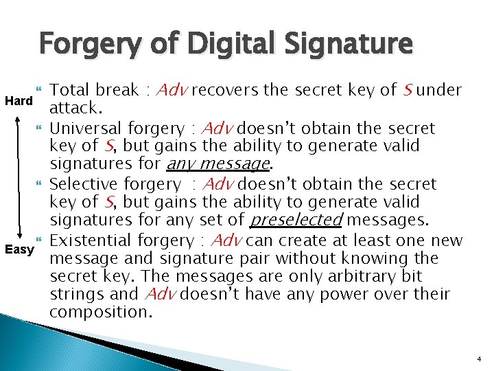 Forgery of Digital Signature Hard Easy Total break : Adv recovers the secret key