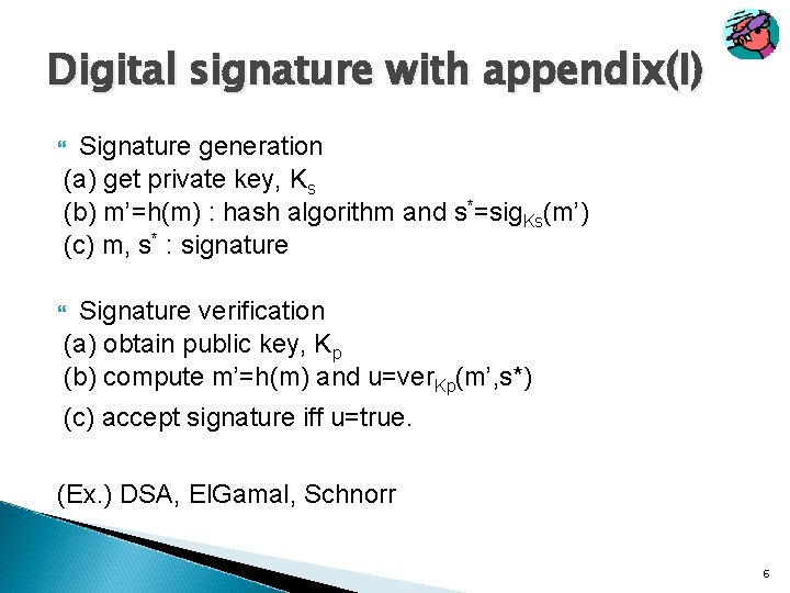 Digital signature with appendix(I) Signature generation (a) get private key, Ks (b) m’=h(m) :