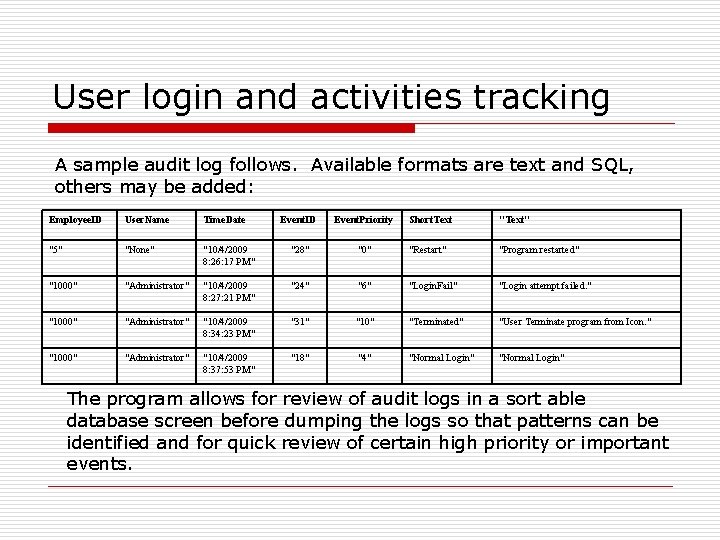 User login and activities tracking A sample audit log follows. Available formats are text