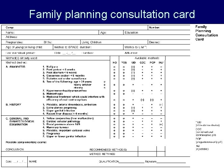 Family planning consultation card 