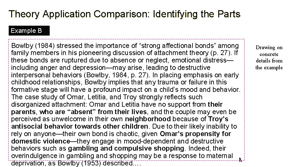 Theory Application Comparison: Identifying the Parts Example B Bowlby (1984) stressed the importance of