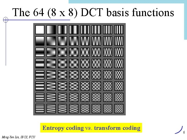 The 64 (8 x 8) DCT basis functions Entropy coding vs. transform coding Ming-Yen