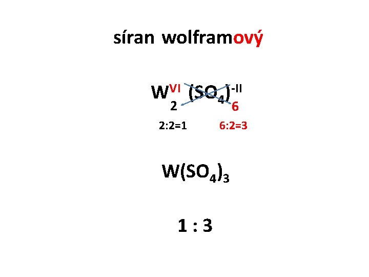 síran wolframový WVI (SO 4)-II 2 6 2: 2=1 6: 2=3 W(SO 4)3 1: