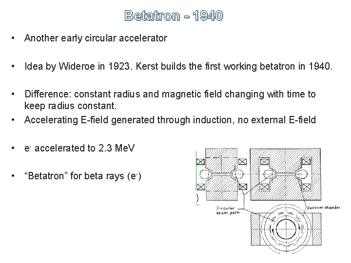 Betatron - 1940 • Another early circular accelerator • Idea by Wideroe in 1923.