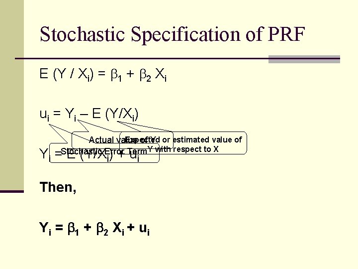 Stochastic Specification of PRF E (Y / Xi) = 1 + 2 Xi ui