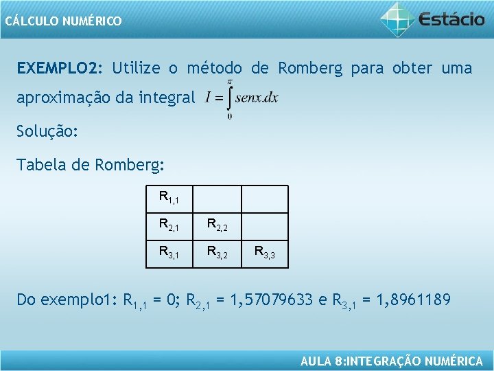 CÁLCULO NUMÉRICO EXEMPLO 2: Utilize o método de Romberg para obter uma aproximação da