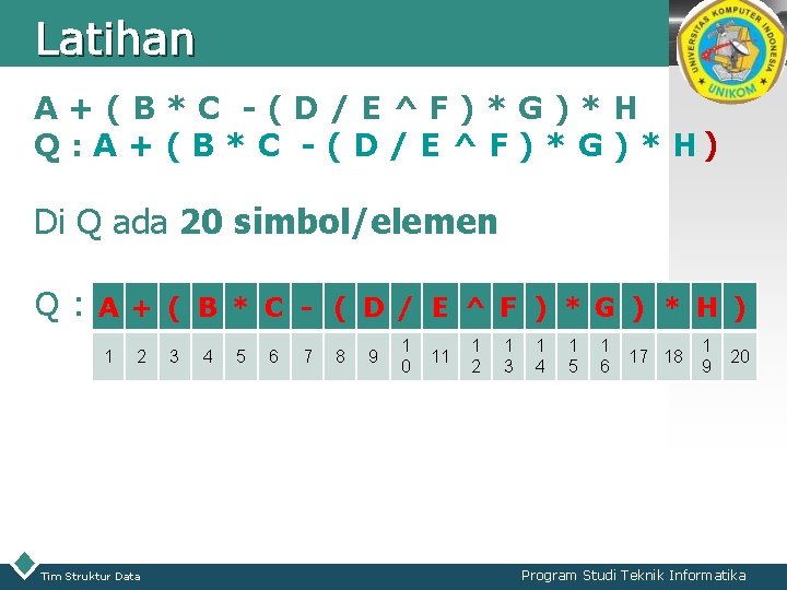 Latihan LOGO A+(B*C -(D/E^F)*G)*H Q : A + ( B * C - (