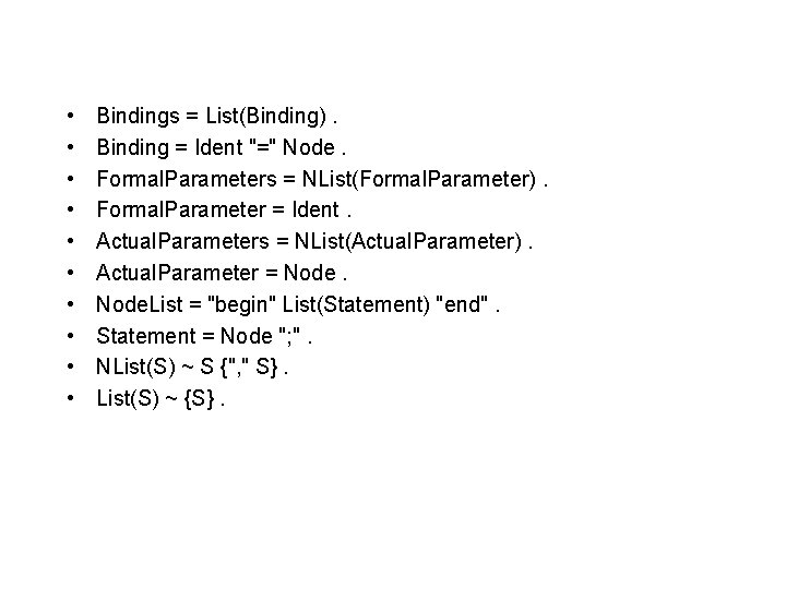  • • • Bindings = List(Binding). Binding = Ident "=" Node. Formal. Parameters