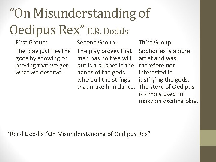“On Misunderstanding of Oedipus Rex” E. R. Dodds First Group: The play justifies the