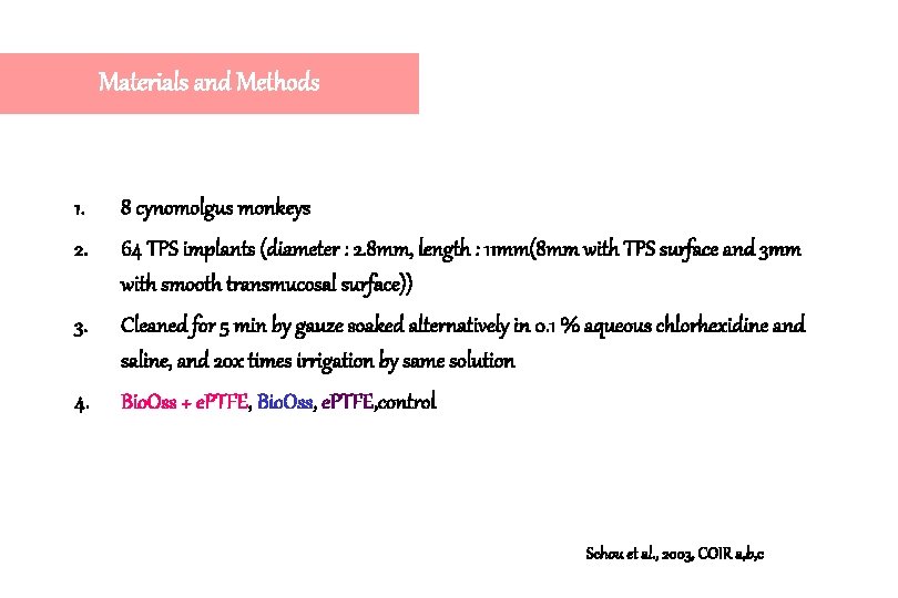 Materials and Methods 1. 8 cynomolgus monkeys 2. 64 TPS implants (diameter : 2. Materials and Methods 1. 8 cynomolgus monkeys 2. 64 TPS implants (diameter : 2.