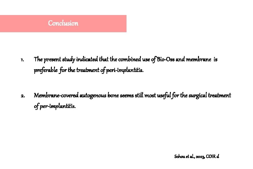 Conclusion 1. The present study indicated that the combined use of Bio-Oss and membrane Conclusion 1. The present study indicated that the combined use of Bio-Oss and membrane