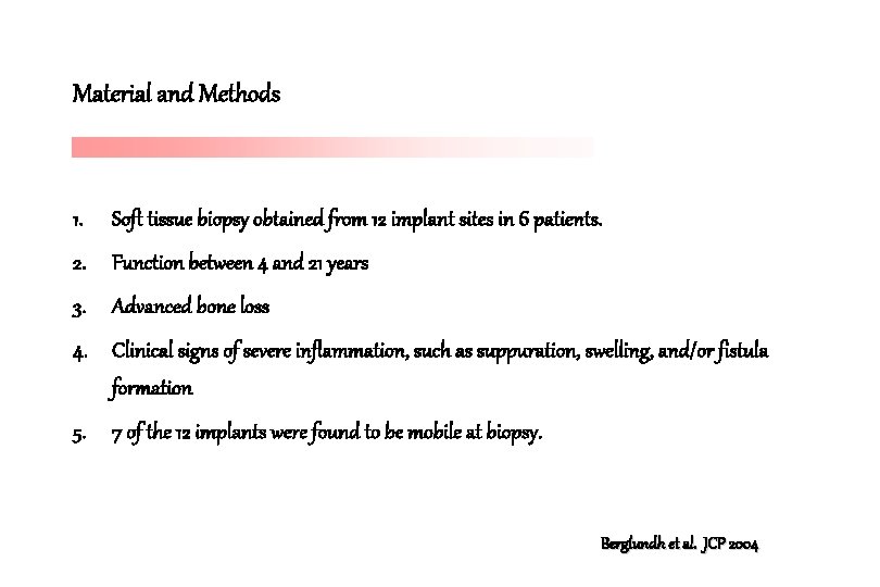 Material and Methods 1. Soft tissue biopsy obtained from 12 implant sites in 6 Material and Methods 1. Soft tissue biopsy obtained from 12 implant sites in 6